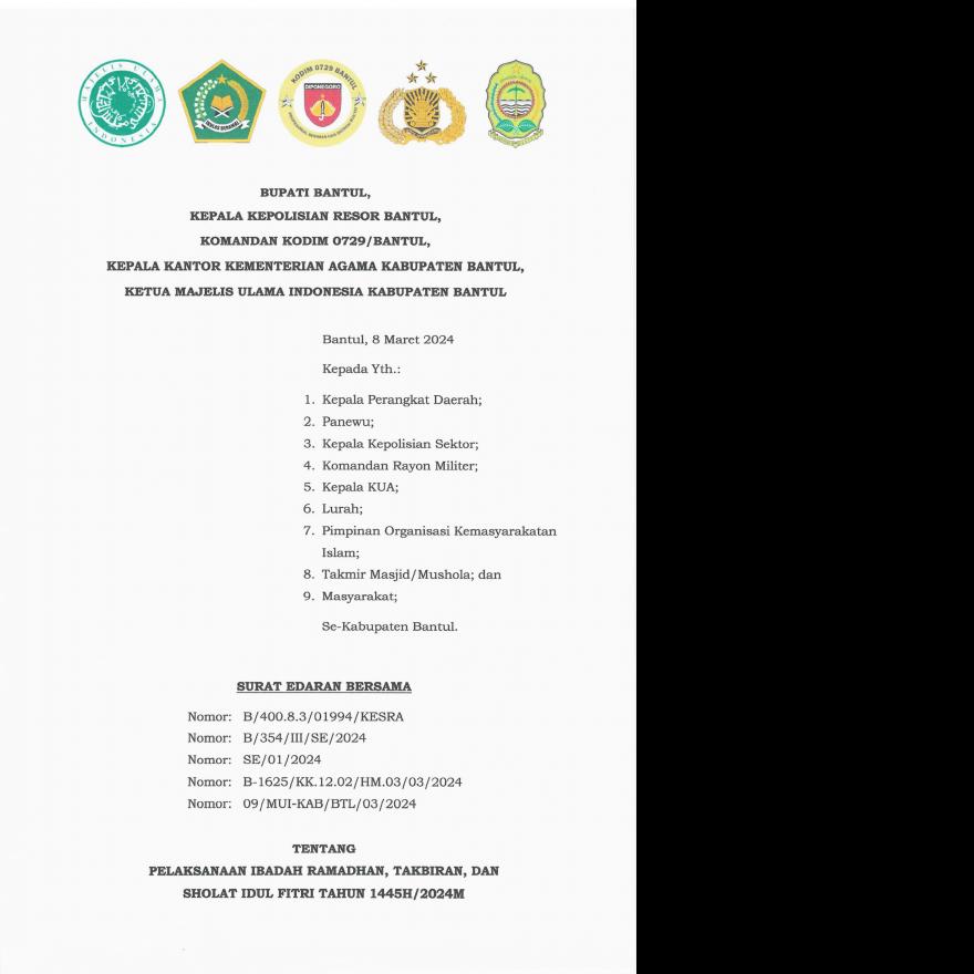 SURAT EDARAN BERSAMA TENTANG PELAKSANAAN IBADAH RAMADHAN DAN SHOLAT IDUL FITRI TAHUN 2024